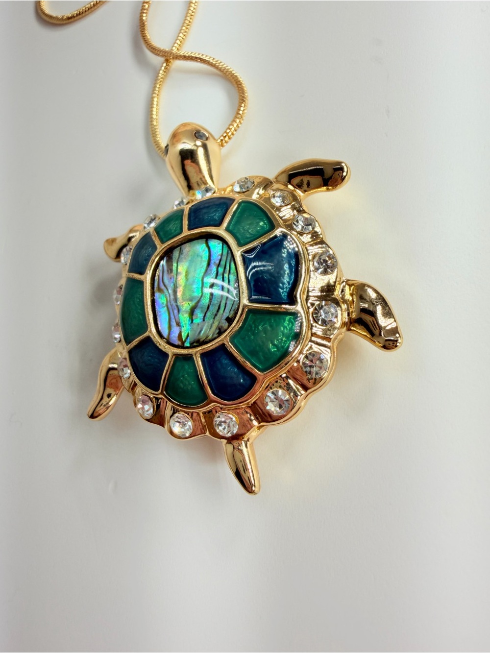 Gold-Tone Turtle Pendant Necklace with Green & Blue Shell